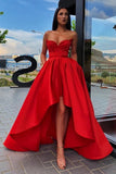 Elegant A Line Red Strapless High Low Prom Dresses with Pockets, Long Party Dresses SJS15148