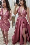Charming Two Piece V Neck Blush Pink Lace Long Prom Dresses Elegant Beading Evening Dresses