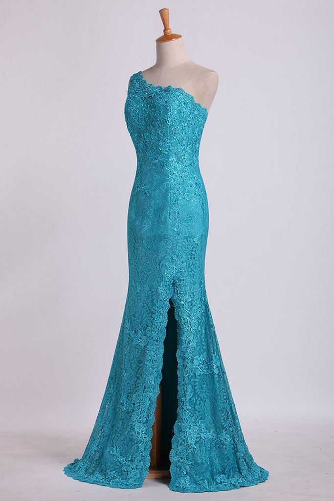 One-Shoulder Sheath Prom Dresses Beaded Lace Floor-Length Zipper Back ...