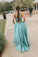 Simple A Line Two Pieces V Neck Satin Green Prom Dresses, Cheap Formal Dress SJS15598