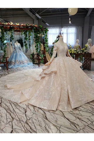 Ball Gown Wedding Dresses V Neck Long Sleeves Top Quality Appliques Tulle Beading