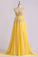 Enchanted Bateau A-Line Court Train Prom Dresses With Applique & Bow-Knot Daffodil