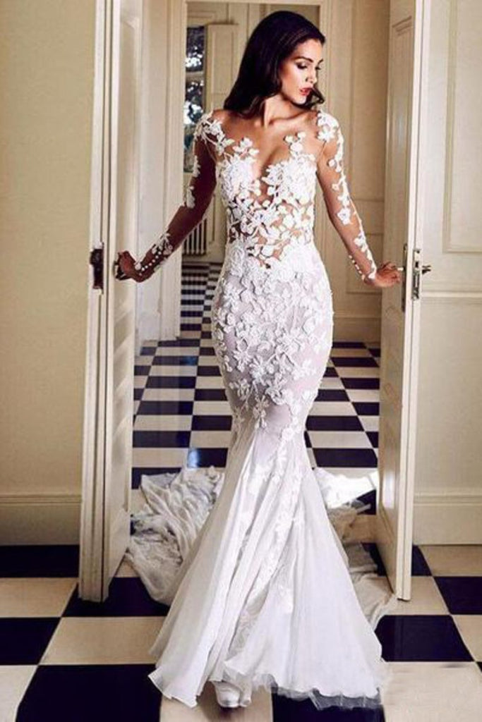 See Through Long Sleeve Mermaid Wedding Dresses Lace Applique Bridal Dress