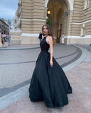 Halter Chiffon Classic Prom Dresses Black Modest Formal Dresses