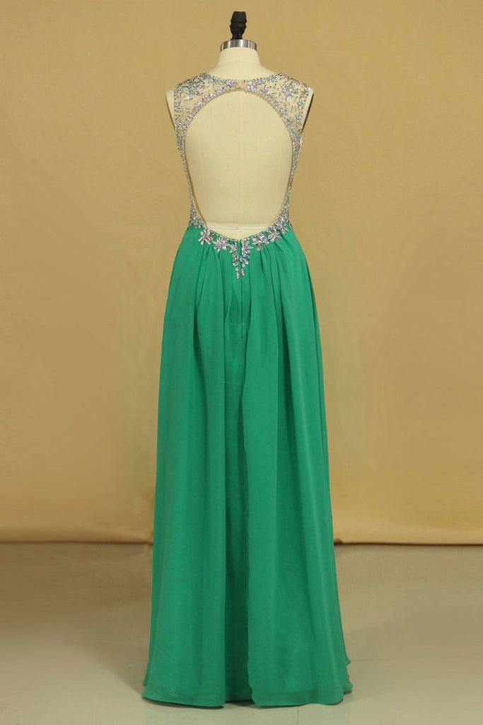 Scoop Open Back A Line With Beads Prom Dresses Sweep Train