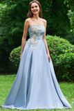 Strapless Long Prom Dress With Appliques, A Line Cheap Formal Dress With Beads