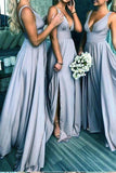Elegant A Line V Neck Blue Straps Bridesmaid Dresses, Wedding Party SJS15641