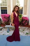 New Simple Mermaid V-Neckline Backless Prom Dress Dark Burgundy Evening Formal Gowns JS113