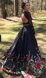 A line Two Piece Black Long Sleeve Prom Dress With Floral Print Skirt Evening Dresses JS672