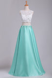 A Line Scoop Two Pieces Open Back Prom Dresses Floor Length Satin
