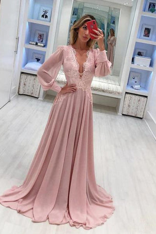 Dusty Rose V-Neck Lace Prom Dresses Long Sleeve Prom Dresses Evening Dress