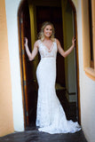 Elegant Mermaid Lace V-neck Court Train Ivory Sleeveless Beach Wedding Dresses UK JS314