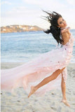Boho Halter Backless Light Pink Chiffon Beach Wedding Dresses with Appliques Ruffles SJS15082