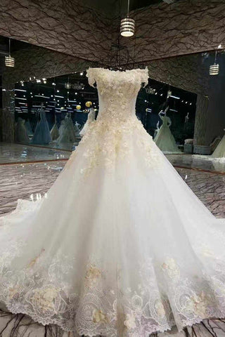 Affordable Floral Wedding Dresses Lace Up Off The Shoulder A-Line