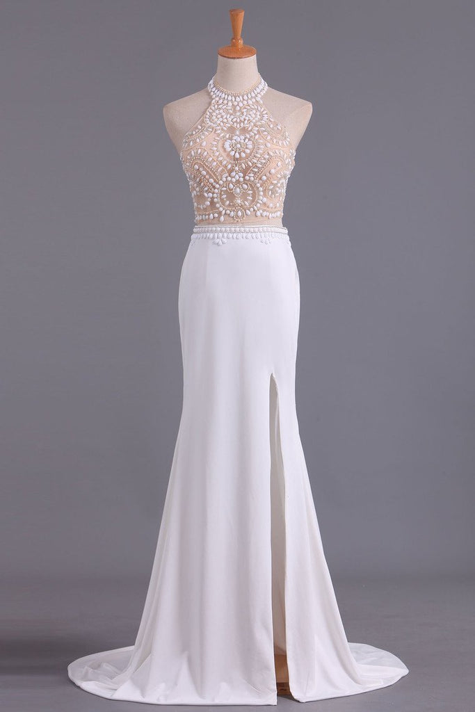 See-Through High Neck Two Pieces Prom Dresses Spandex With Slit And Beading