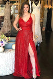 Sparkly V Neck A Line Red Spaghetti Straps Prom Dresses with Slit, Evening SJS15675