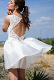 A Line Round Neck Open Back Short Beach Wedding Dress with Lace Pockets SJS15018