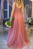 Princess A line V Neck Tulle Beads Sequins Prom Dresses with Lace up, Dance SJS15657