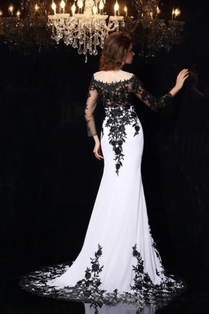 Elegant White Black Lace Appliques Mermaid Long Sleeves Satin Prom Dresses UK JS516