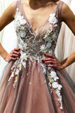 A Line V Neck Sleeveless Tulle Party Dress With Flowers, Gorgeous Prom Dress With Appliques