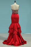 New Arrival Mermaid V Neck Prom Dresses Satin With Beads&Appliques