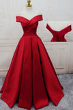 Off The Shoulder Prom Dresses Satin Red Sweep Train Lace Up Back