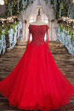 Boat Neck A-Line Red Prom Dresses Tulle Lace Up With Appliques And Bow Knot Beaded Bodice Long Sleeves