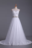 A Line Scoop Tulle Wedding Dresses With Applique And Beads