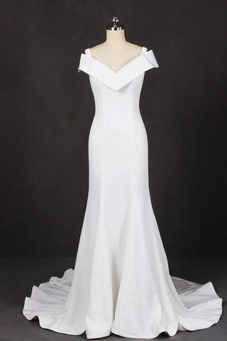Mermaid V Neck Ivory Simple Wedding Dress, Satin Unique Long Wedding Gowns SJS15268