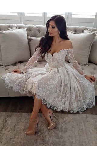 Off The Shoulder Long Sleeves Homecoming Dresses A Line Lace With Sash