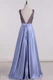 A-Line Prom Dresses Beaded Bodice Satin A Line Open Back