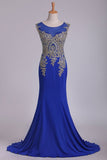 Dark Royal Blue Prom Dresses Scoop Mermaid Spandex With Applique Sweep/Brush Train