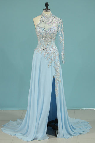 New Arrival High Neck One Sleeve With Applique And Slit Prom Dresses