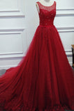 A Line Scoop Beaded Bodice Lace With Sash Sweep Train Prom Dresses