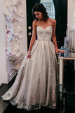 Sparkly Sweetheart Silver Long Prom Dresses Sequins Beads Formal Dresses SJS15432