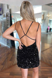 Cute Black V Neck Backless Sequins Short Homecoming Dresses