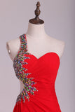 One Shoulder Sheath Prom Dresses Red Chiffon With Beads And Slit