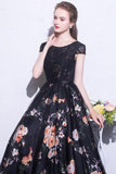Black Prom Dresses Scoop A-Line Floral Print Sexy Long Lace Prom Dress
