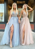 Gorgeous A Line Spaghetti Straps V Neck Beads Prom Dresses with SJS20420