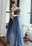 Charming A Line Blue Ombre Tulle Prom Dresses with Open Back, Evening SJS20394