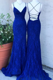 Spaghetti Crossed Straps Royal Blue Mermaid Prom Dresses V Neck Lace Formal Dresses