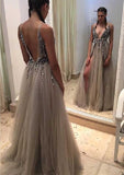 Elegant Gray Modest Beaded A-Line V-Neck Tulle Sweep Train Prom Dresses Evening Dress