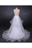 Unique V Neck Sleeveless Tulle Wedding Dresses, Asymmetrical Long Bridal Dresses