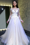 A Line Long Sleeves Round Neck Tulle Lace Appliques Wedding Dresses