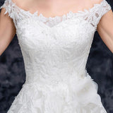 Off the Shoulder Tulle Wedding Dress with Lace Applique, A Line Long Bridal Dresses SJS15273