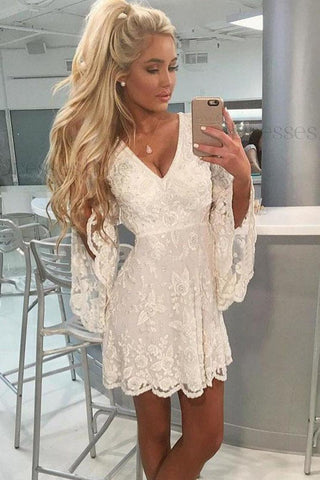 A-Line V-Neck Open Back Bell Sleeves Short White Lace Homecoming Dress