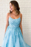 Unique A-Line Sky Blue Tulle Appliques Beads Scoop Prom Dresses with Lace SJS20453