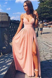 Spaghetti Strapless Pink Front Split Simple Elegant Long Prom Dresses Party Dresses