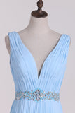 V Neck Prom Dresses A Line Backless Floor Length With Beading And Ruffles
