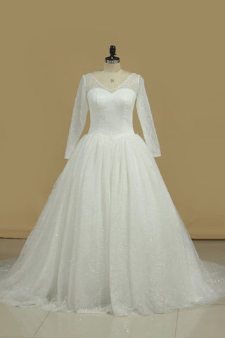 Wedding Dresses A-Line V-Neck Chapel Train Tulle Long Sleeves